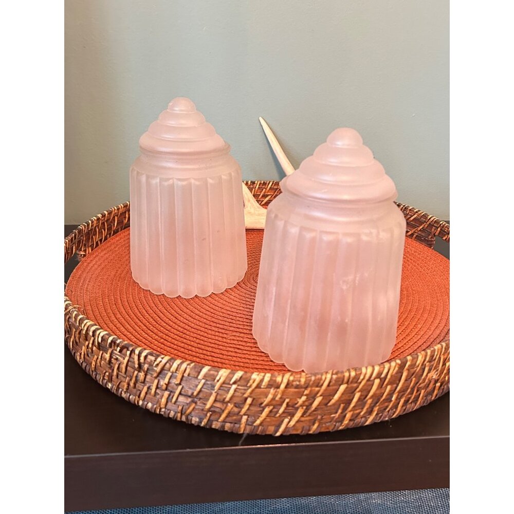 Vintage Ribbed Frosted Glass Decor Jars With Lids Lot of 2 Vanity Table Decor
